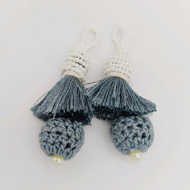 Grey Crochet Ball Tassels With White Pearls Beads, Tassel Charms, Nylon Tassels x 2